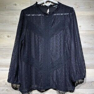 Black Lace Crochet Blouse Top Stretch Lined Ruffled Neck Goth Witchy Size Large